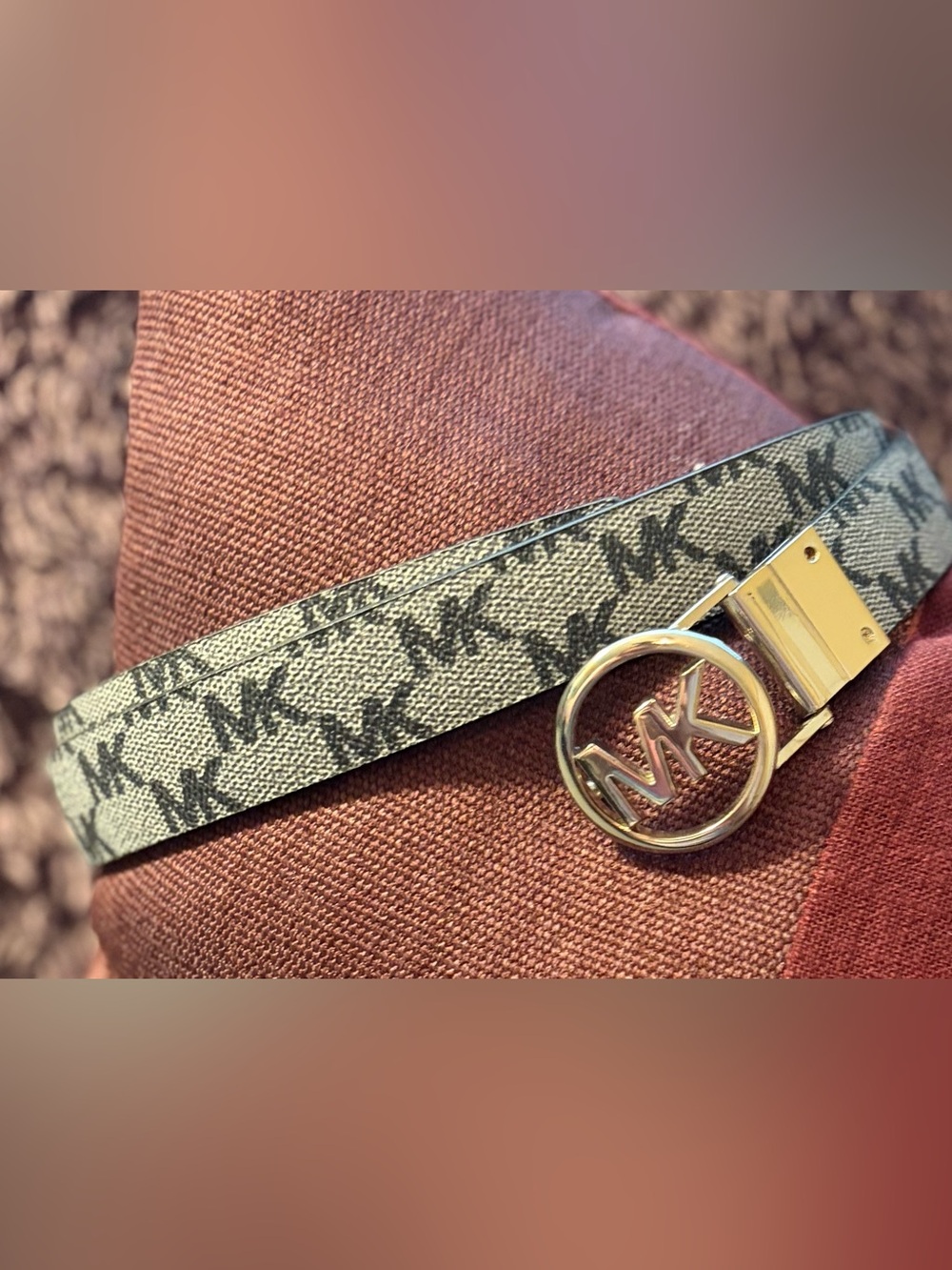 Michael Kors Gray Monogram Logo Slim Belt with MK Circle Buckle